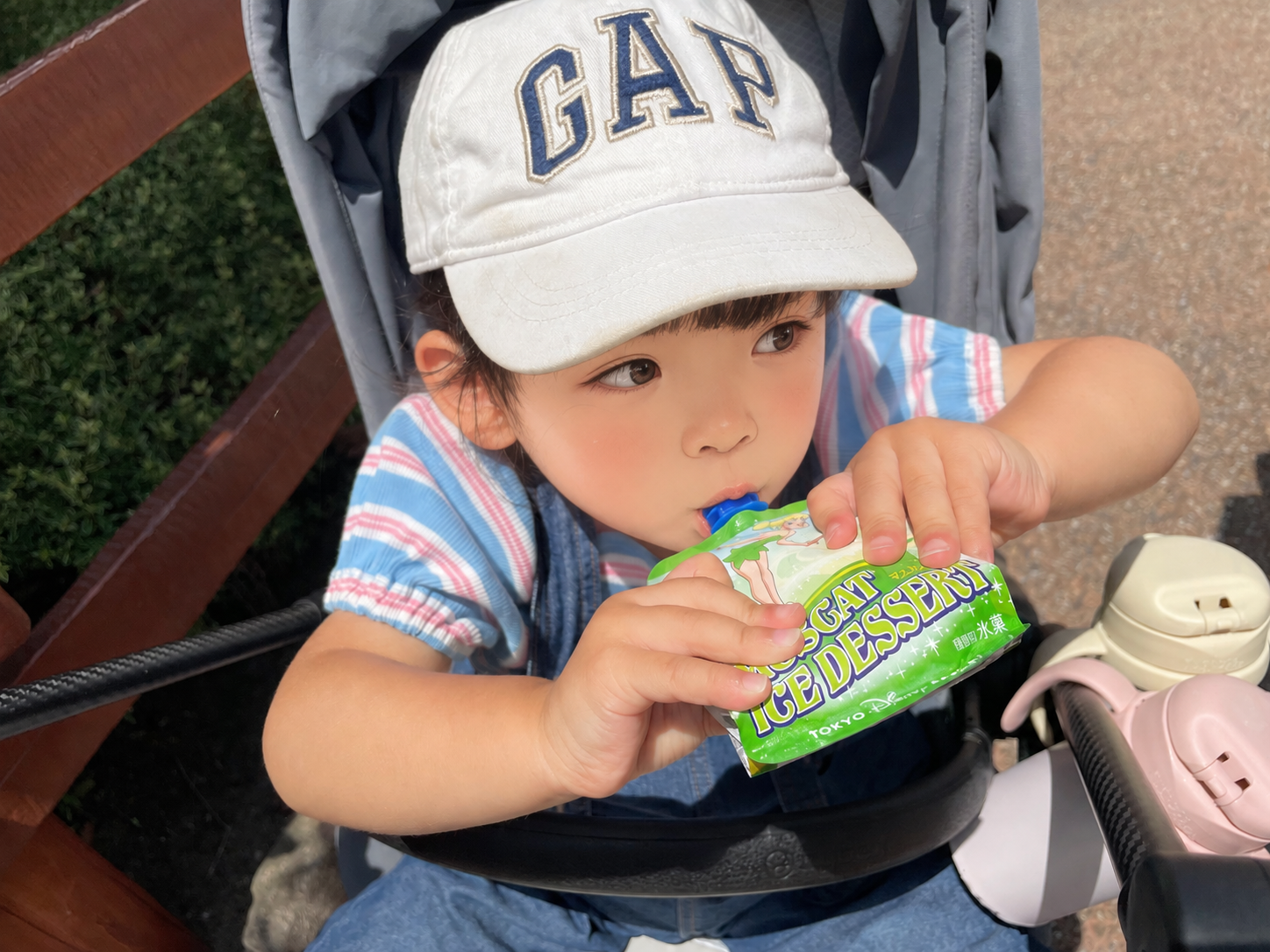 東京ディズニーランドでマスカットアイスデザートを食べる子ども