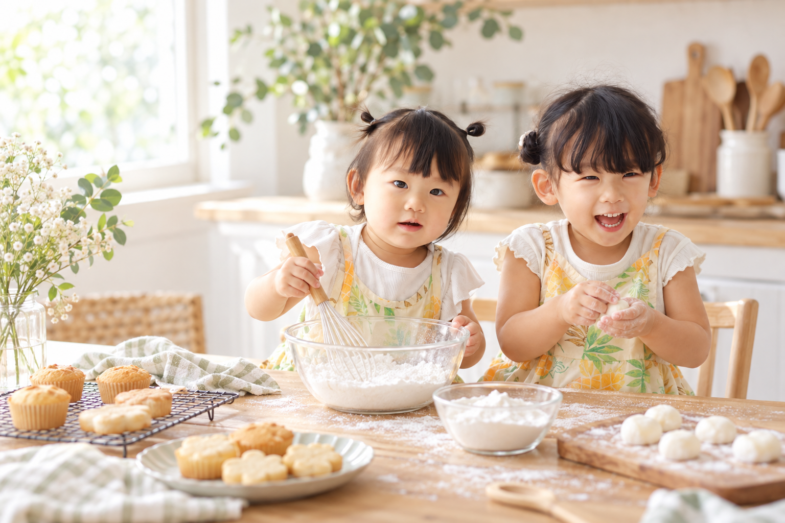 姉妹が一緒に米粉のお菓子を作るイメージ画像